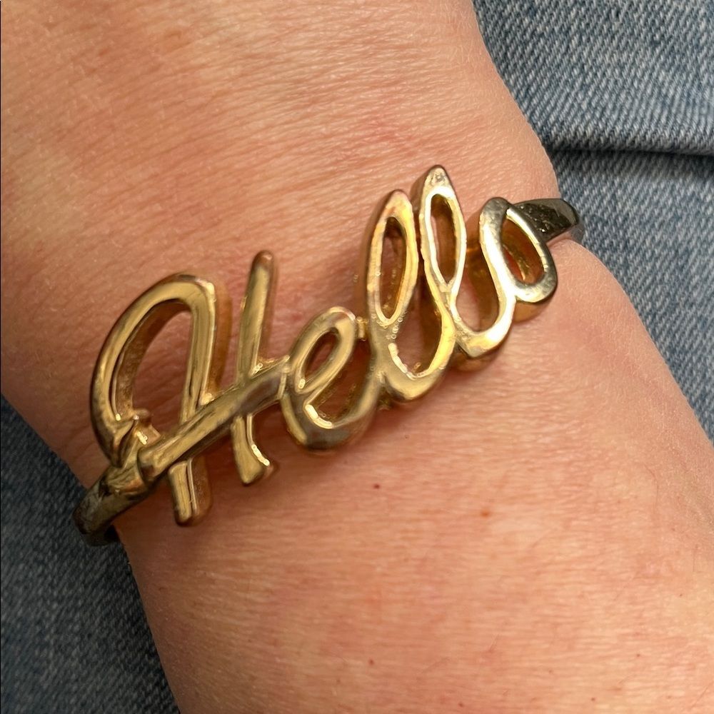 Gold tone 'Hello' Bracelet bangle cuff adjustable